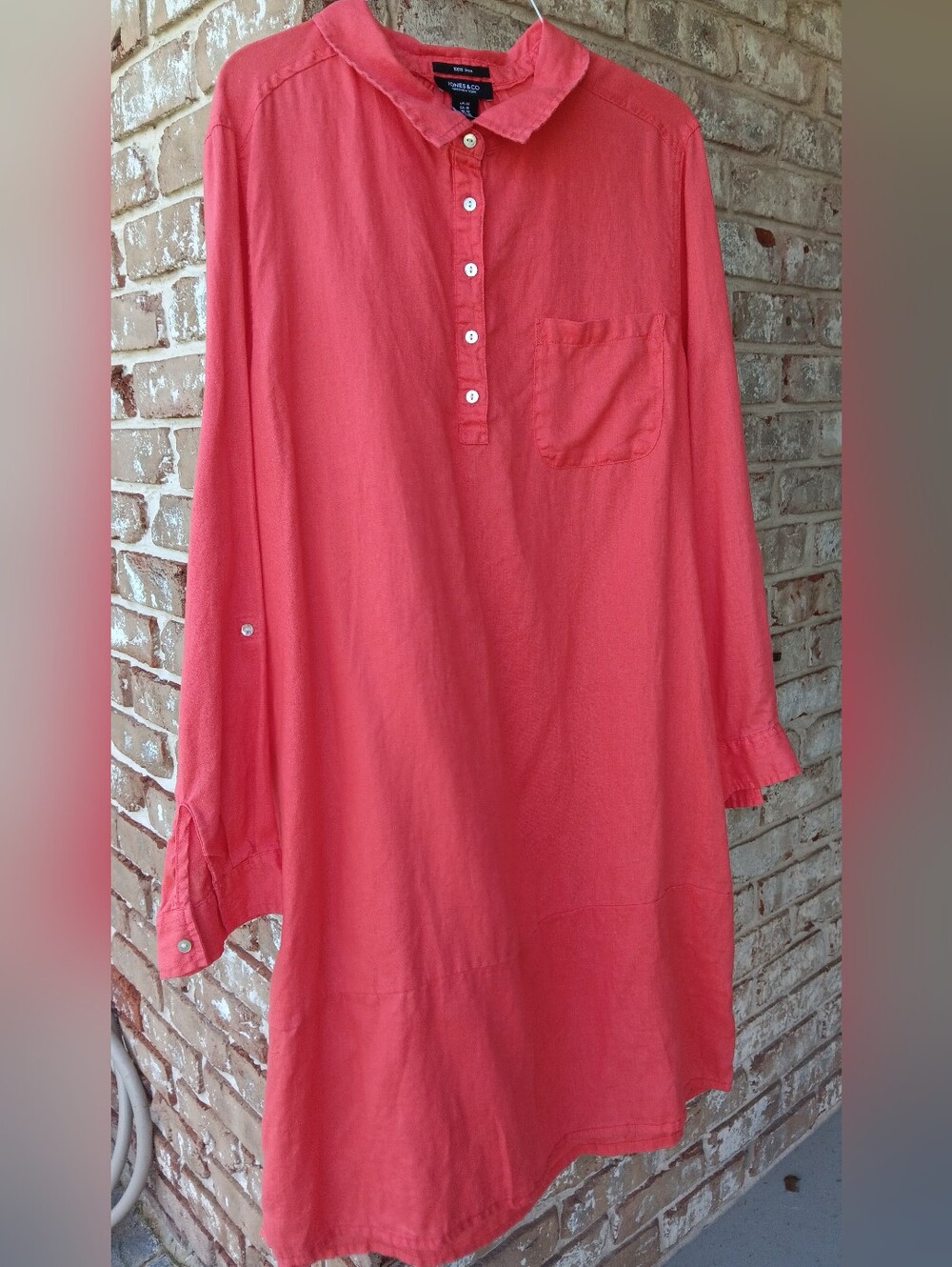 Coral 100% Linen Button-Up Tunic Shirt Dress